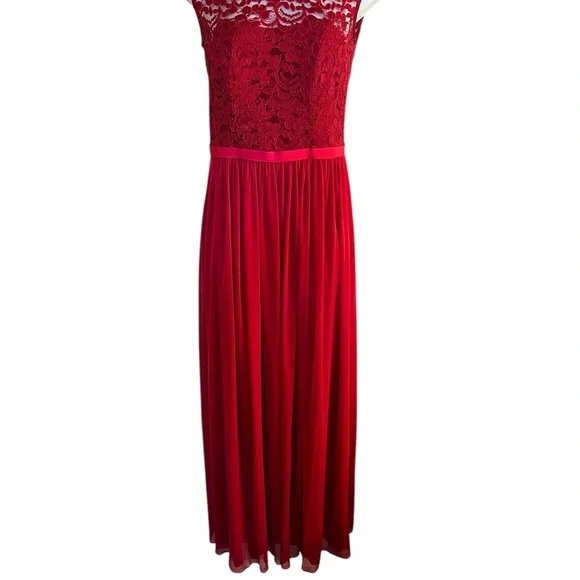 David's Bridal | Red Lace & Chiffon Cap Sleeve Dress | Bridesmaid - Picture 3 of 8